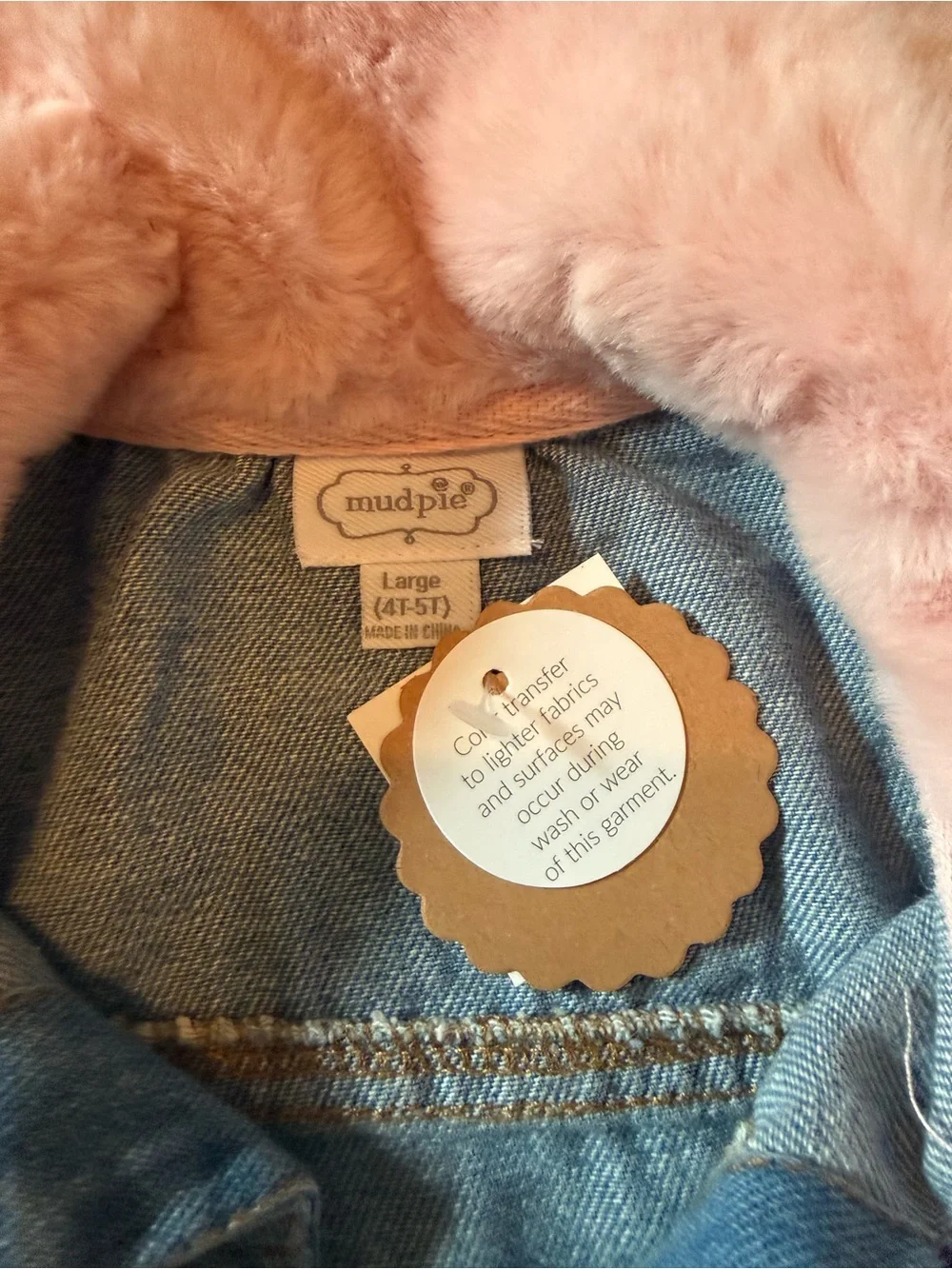 Mud Pie Blue Denim Vest with Pink Faux Fur Collar